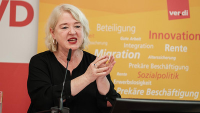Die stellvertretende ver.di-Vorsitzende Andrea Kocsis fasste Positionen zusammen.